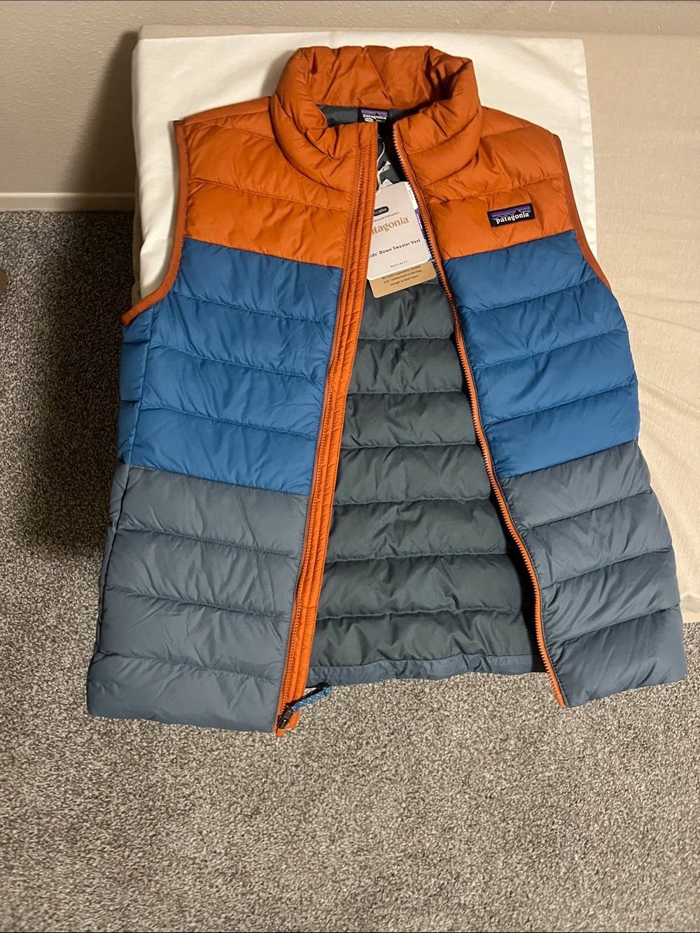 Patagonia Kids Colorblock Puffer Vest in Orange, Blue & Gray